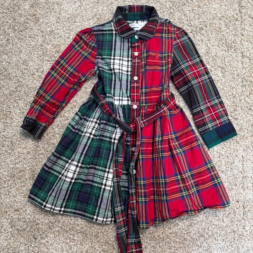 Ralph Lauren Plaid Shirt Dress Girls 18M Multicolor Patchwork Tartan Pony Logo